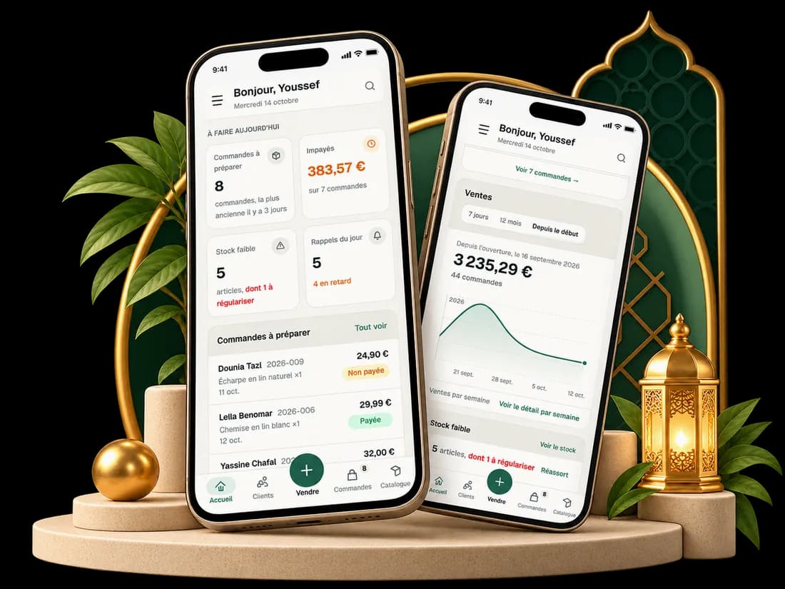L'application Mizan sur téléphone : tableau de bord du jour et suivi des ventes